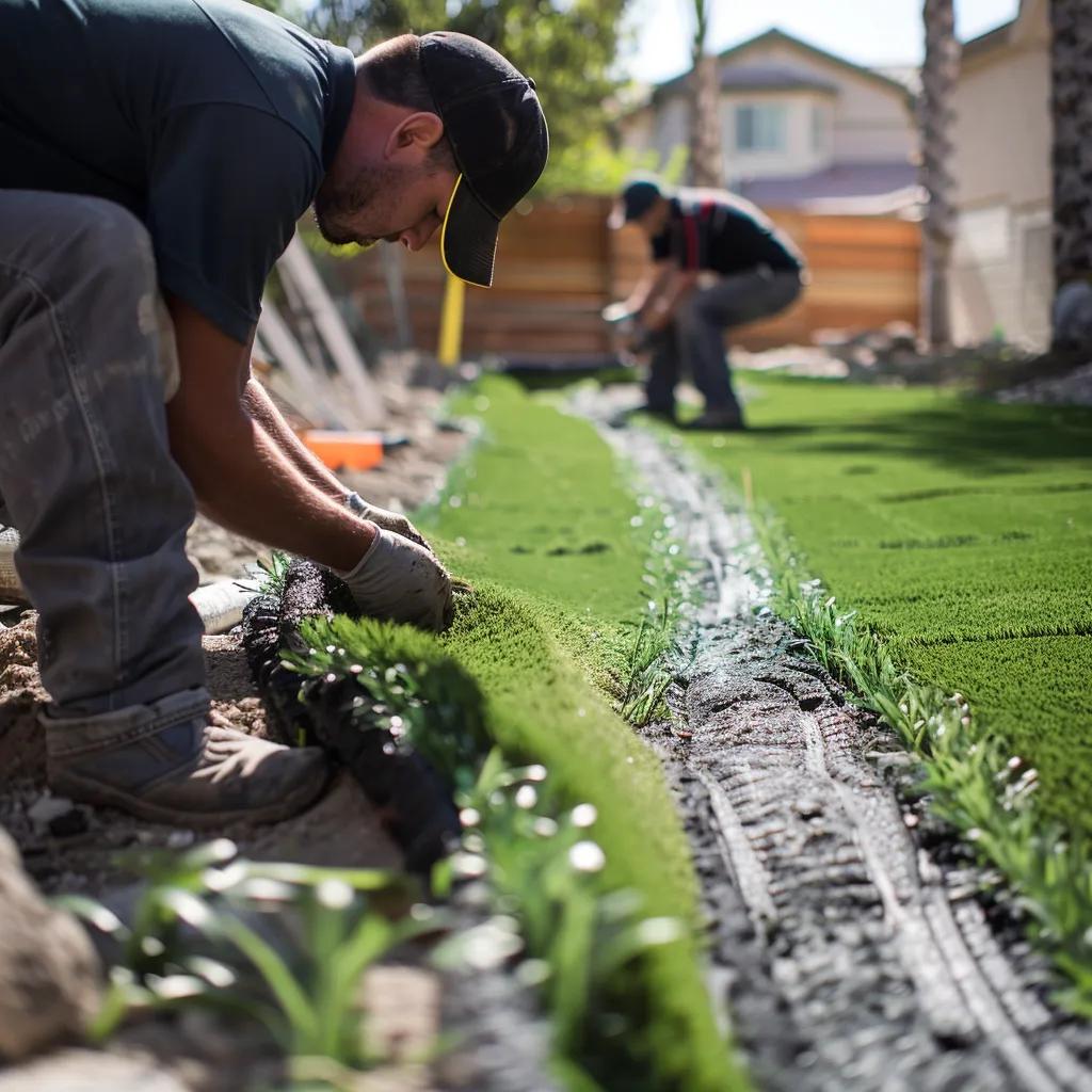 Workers installing artificial turf in a residential backyard, showcasing the installation process