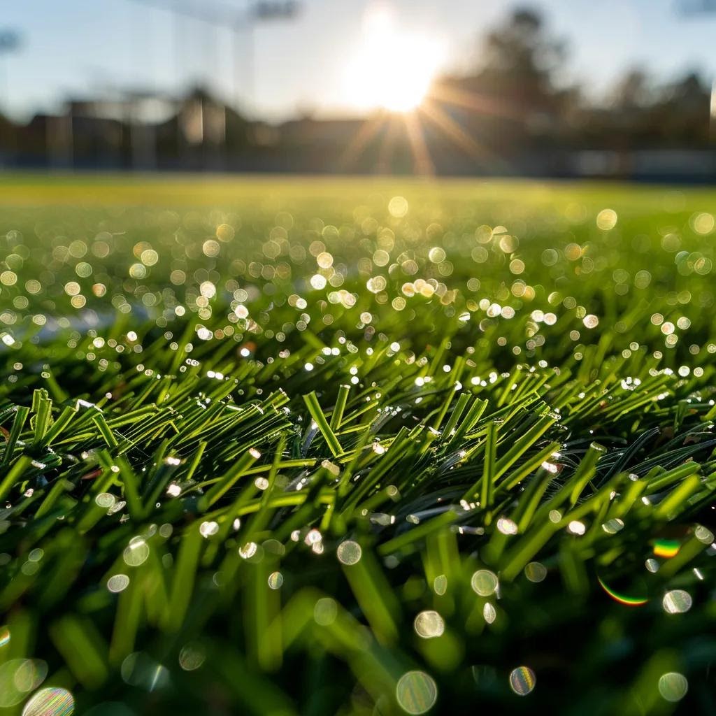 Close-up of artificial turf fibers showing UV resistance and heat-reflective properties under sunlight