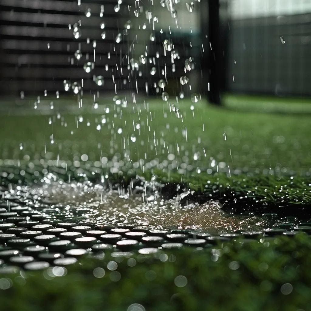 Water flowing through artificial turf drainage system during heavy rain, showcasing effective water management