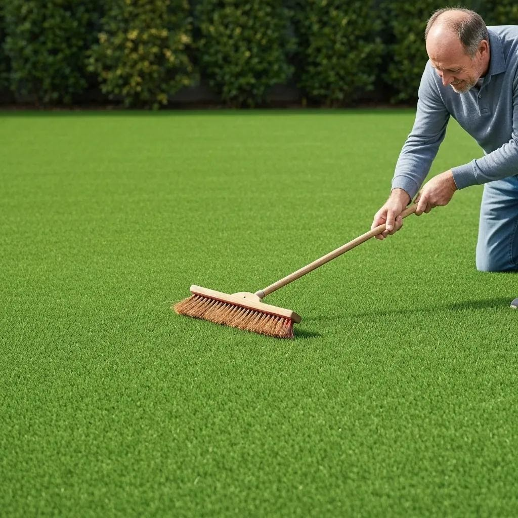 Close-up of a pristine artificial grass lawn being gently brushed, demonstrating its simple maintenance and clean appearance