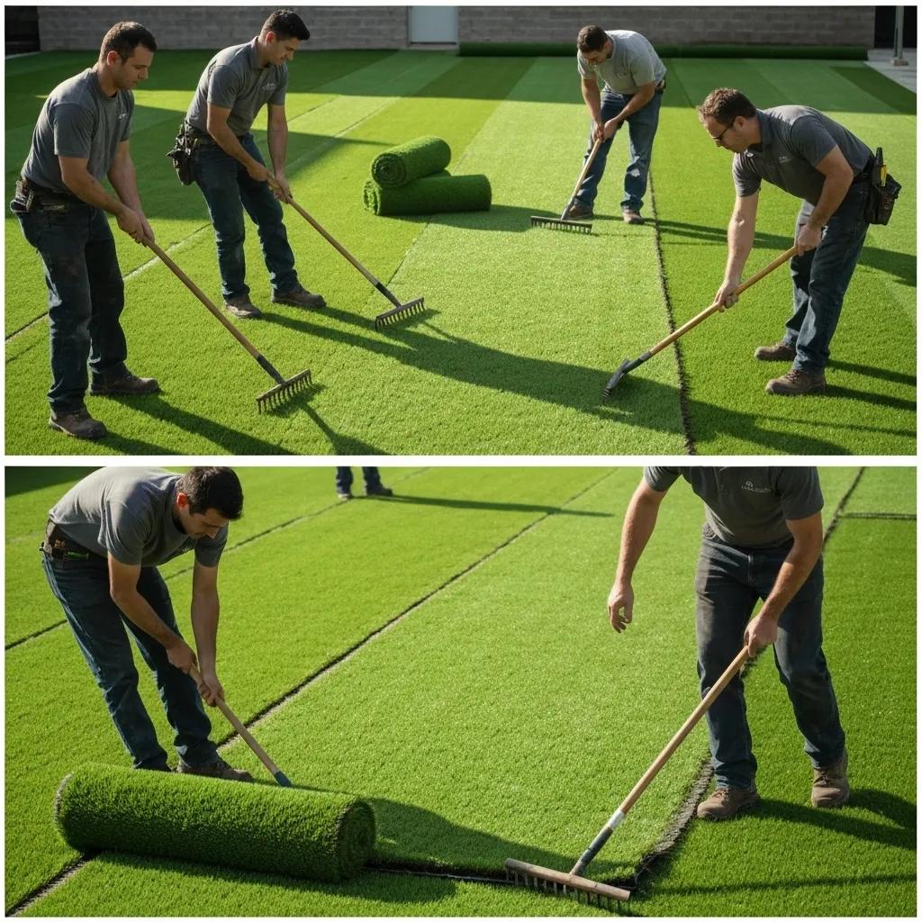 Professional team installing commercial artificial turf, showcasing various stages of the installation process