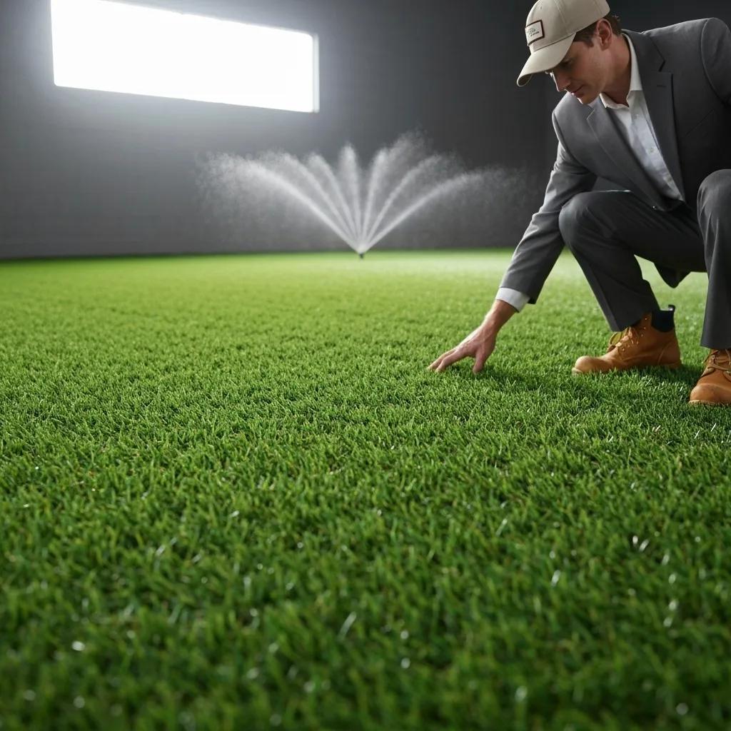 Close-up of commercial artificial turf showing texture and durability, with a professional inspecting the installation