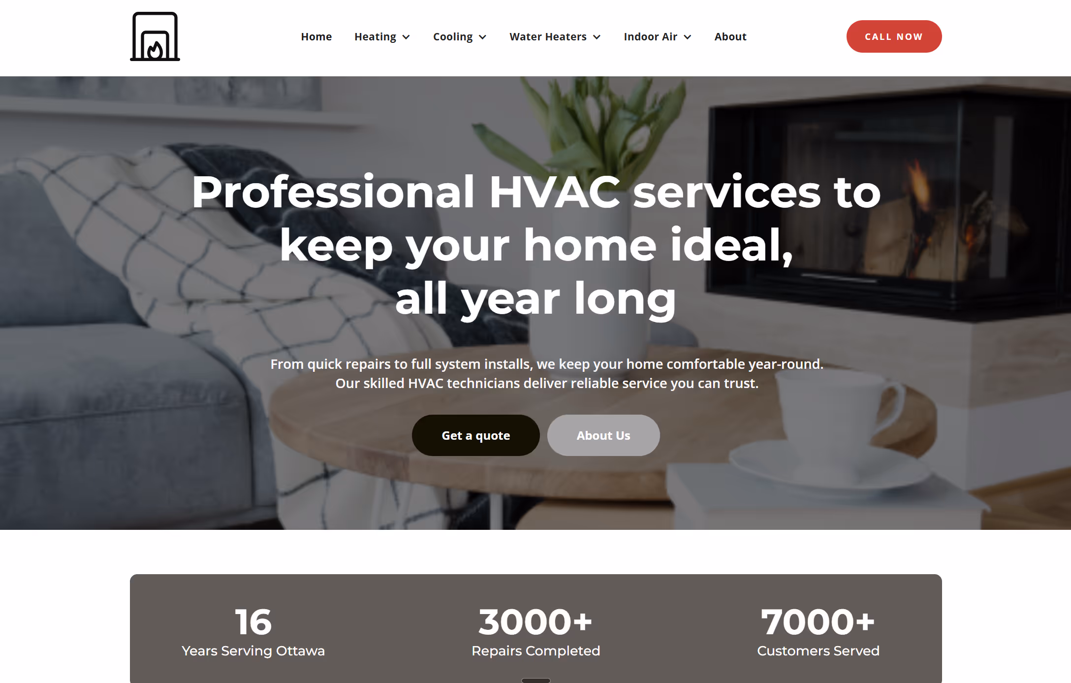 Hero section of HVAC business website built by Evulv Digital.