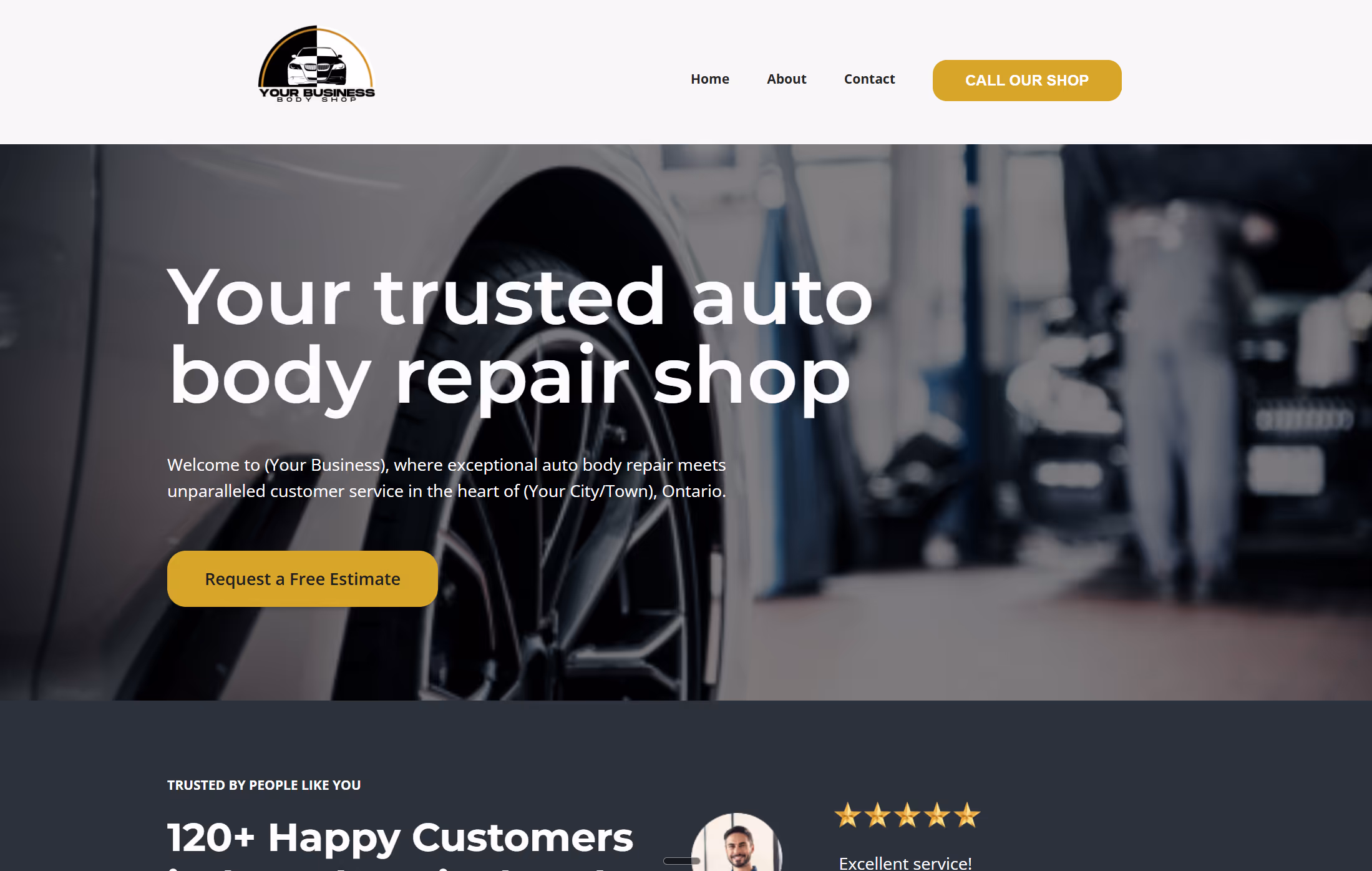 Hero section of auto body repair business website built by Evulv Digital.