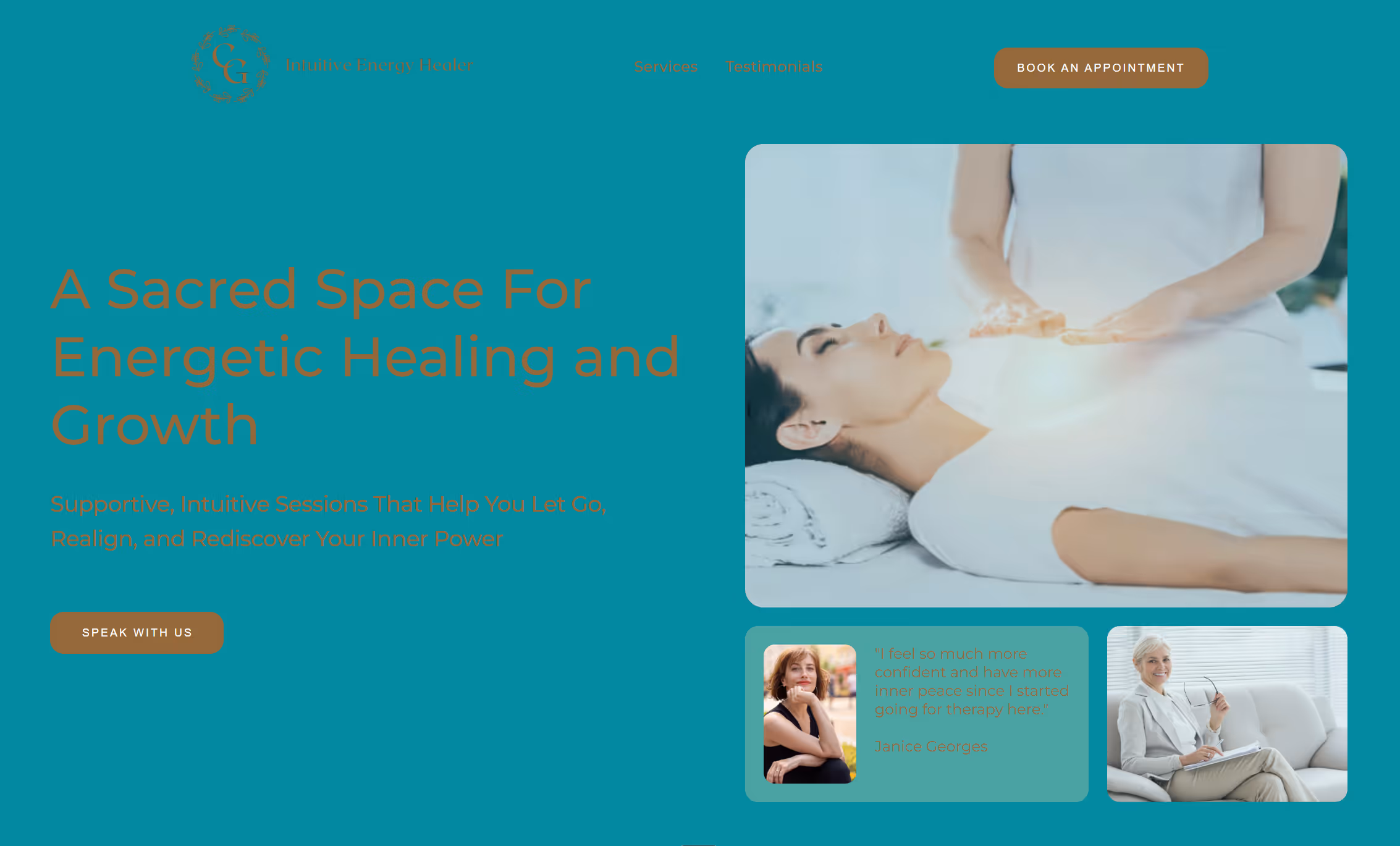 Hero section of energy healer website built by Evulv Digital.