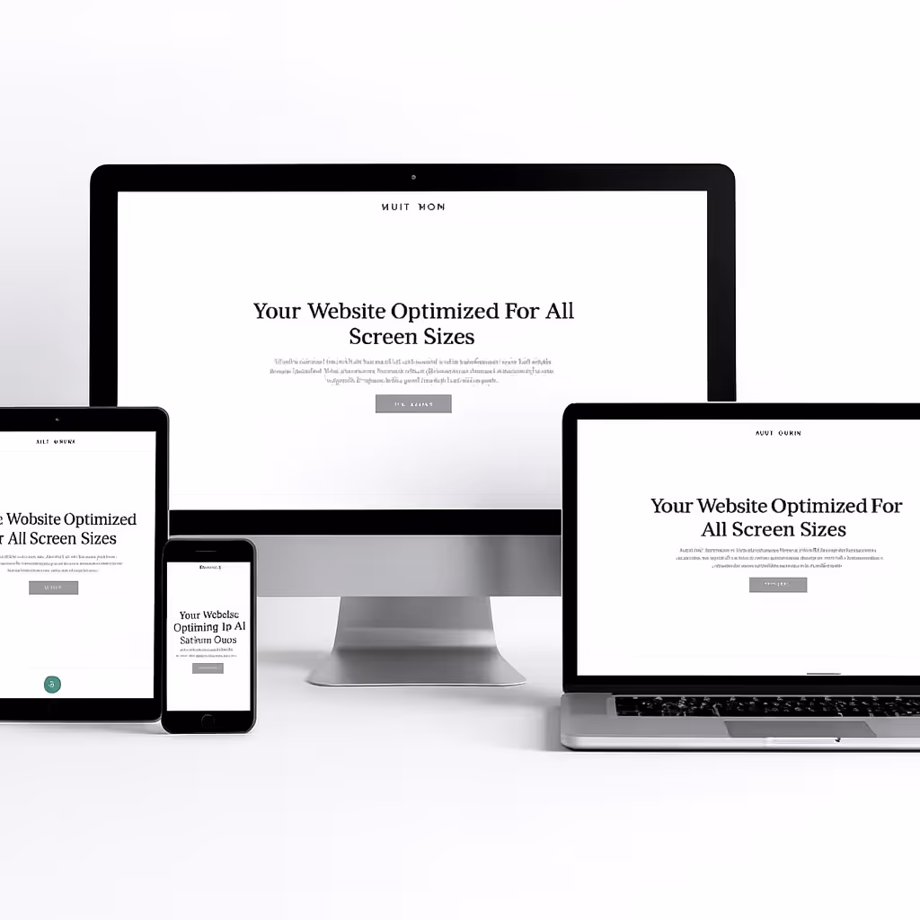 Desktop computer, laptop, tablet, and smartphone displaying a website with the headline 'Your Website Optimized For All Screen Sizes.'
