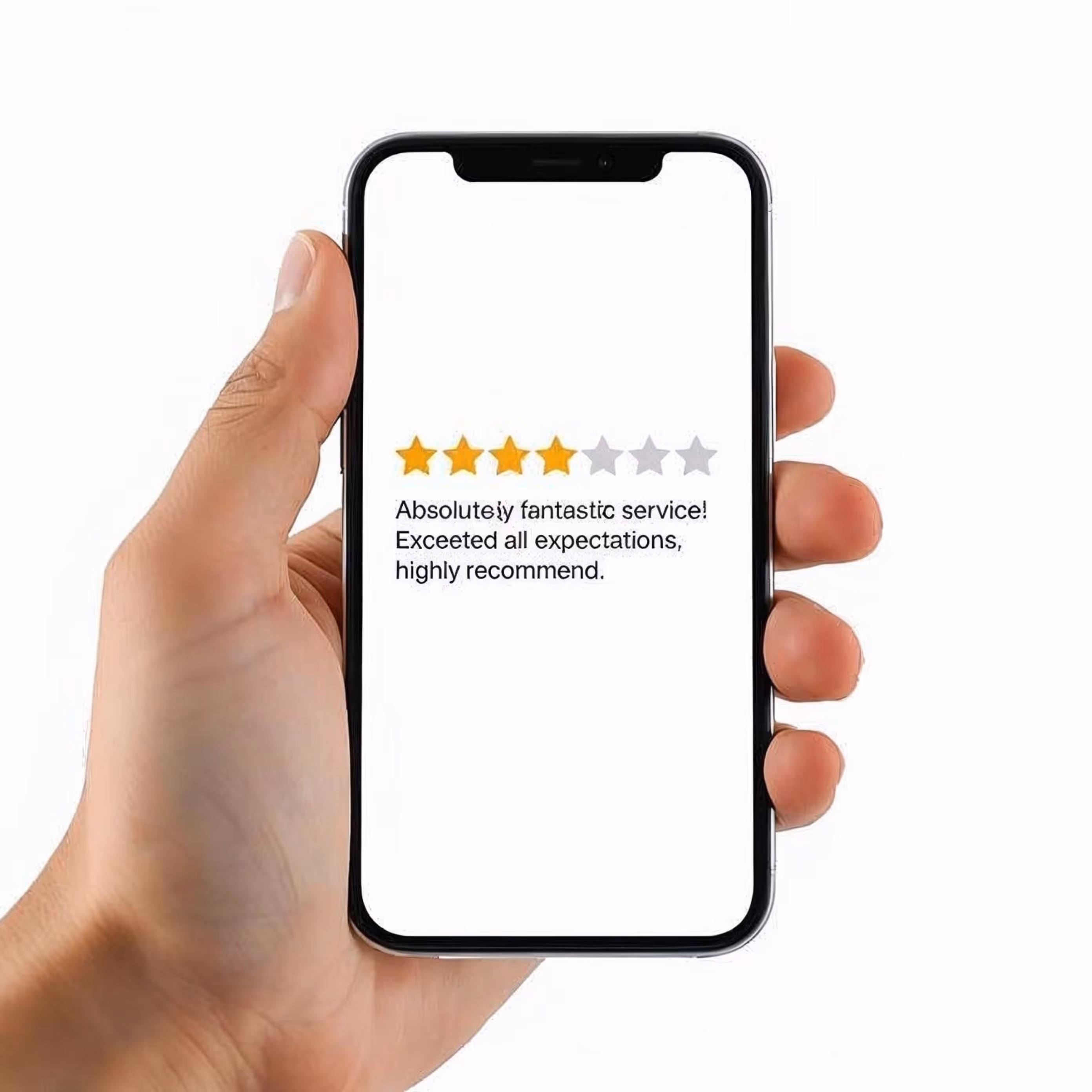 Hand holding smartphone showing a 4-star rating and text review stating: 'Absolutely fantastic service! Exceeded all expectations, highly recommend.'
