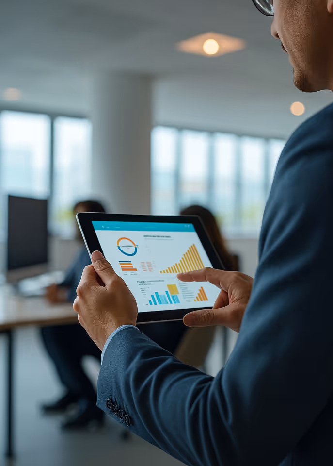 Man in a suit holding a tablet displaying colorful business charts and graphs in an office setting.