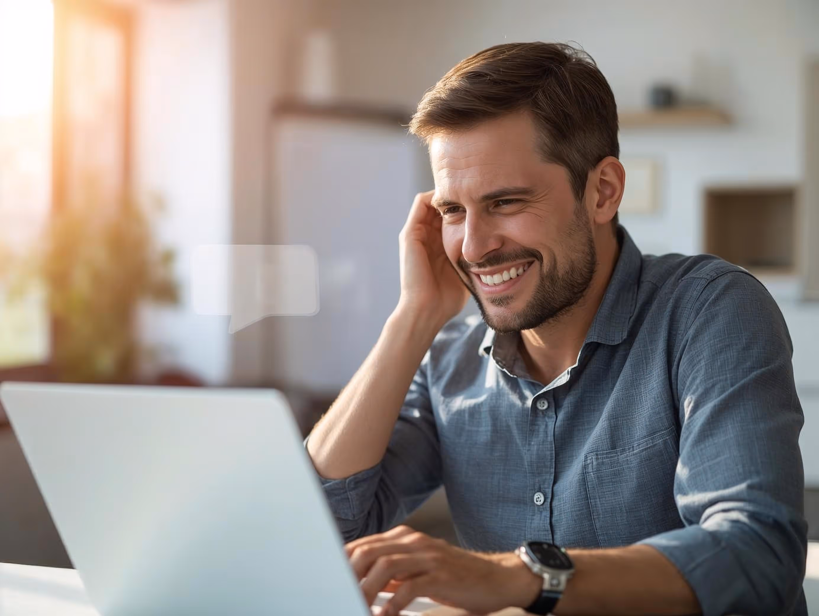 Local business owner using a laptop and benefiting from an AI-powered website chat that answers customer questions automatically.