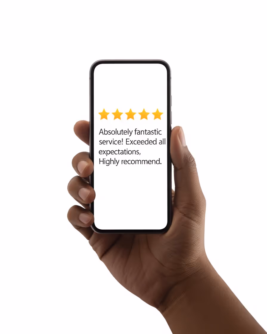 Hand holding smartphone showing a 4-star rating and text review stating: 'Absolutely fantastic service! Exceeded all expectations, highly recommend.'