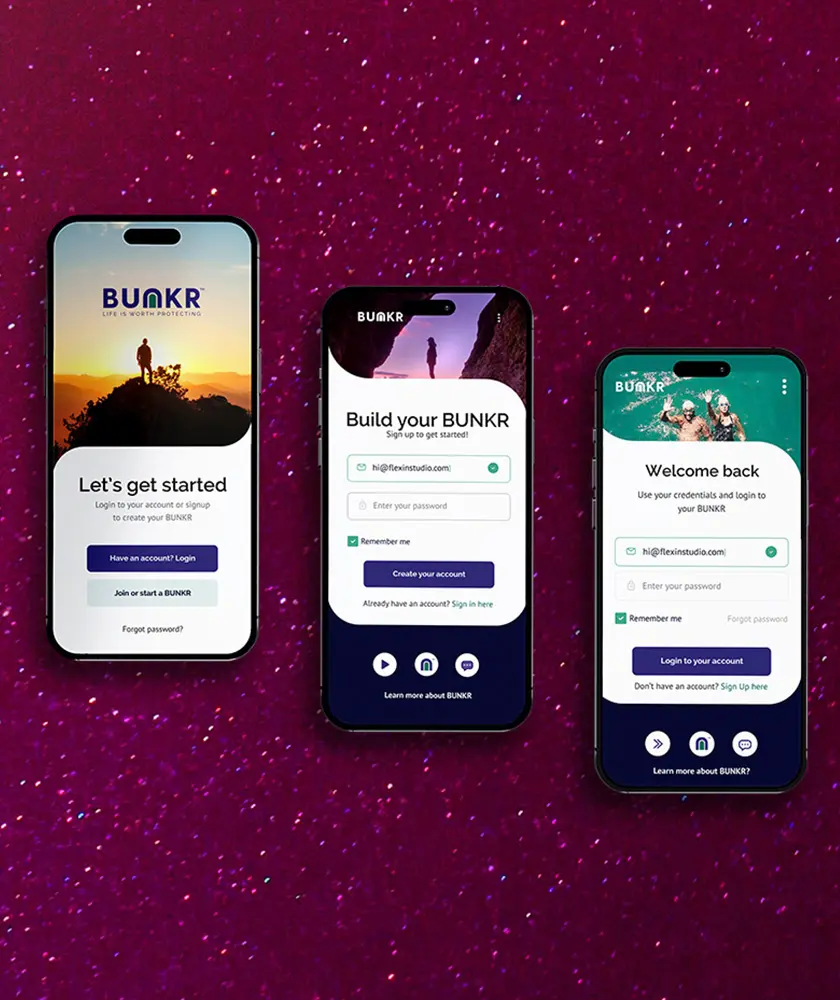 Three BUNKR mobile screens for getting started, creating an account, and signing in.