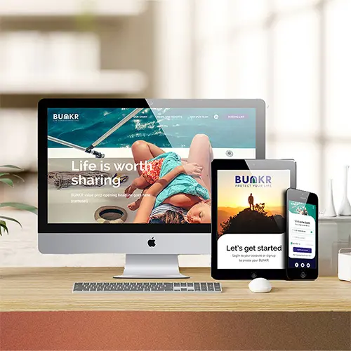 BUNKR website and account screens displayed across desktop, tablet, and phone.