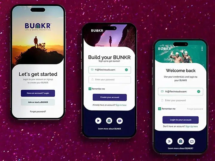 Three BUNKR mobile app screens showing account setup and sign-in.