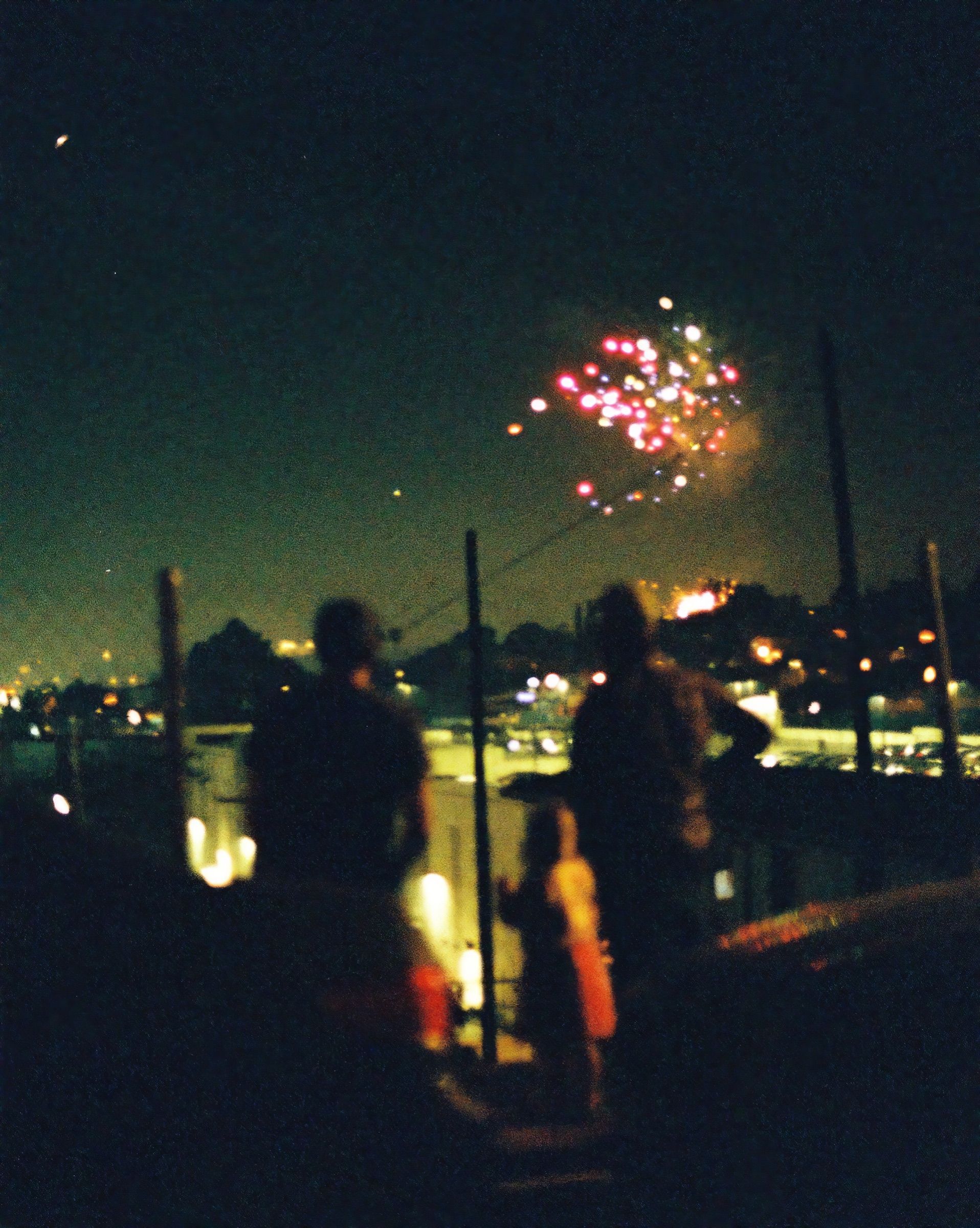 Crowd watching fireworks at night