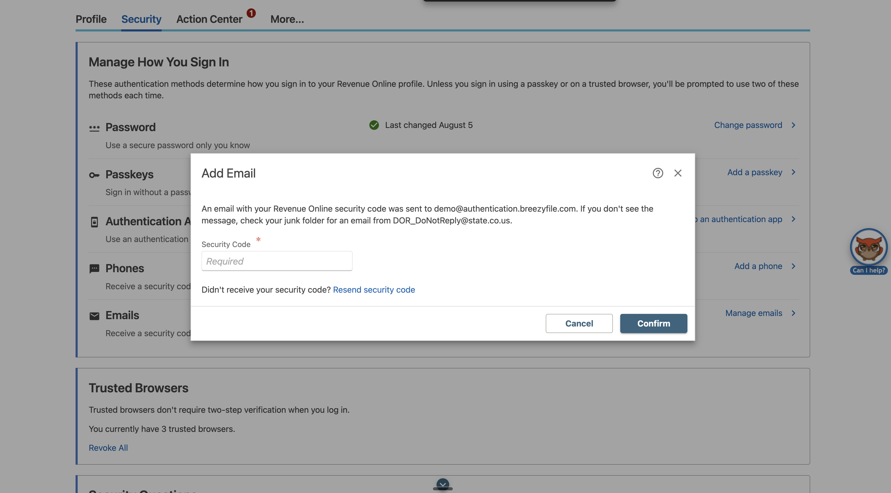 Revenue Online verification code entry with Confirm button