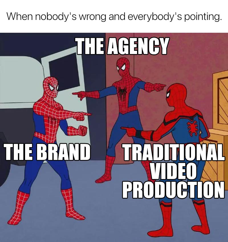 Three Spider-Men pointing at each other, labeled The Agency, The Brand, and Traditional Video Production. Caption: "Nobody's wrong. Everybody's pointing."
