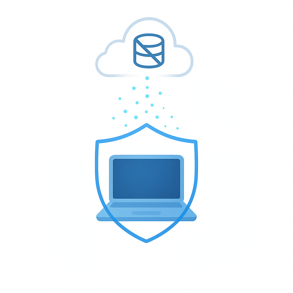 Infographic displaying a laptop interacting with a cloud server that does not cache any data.