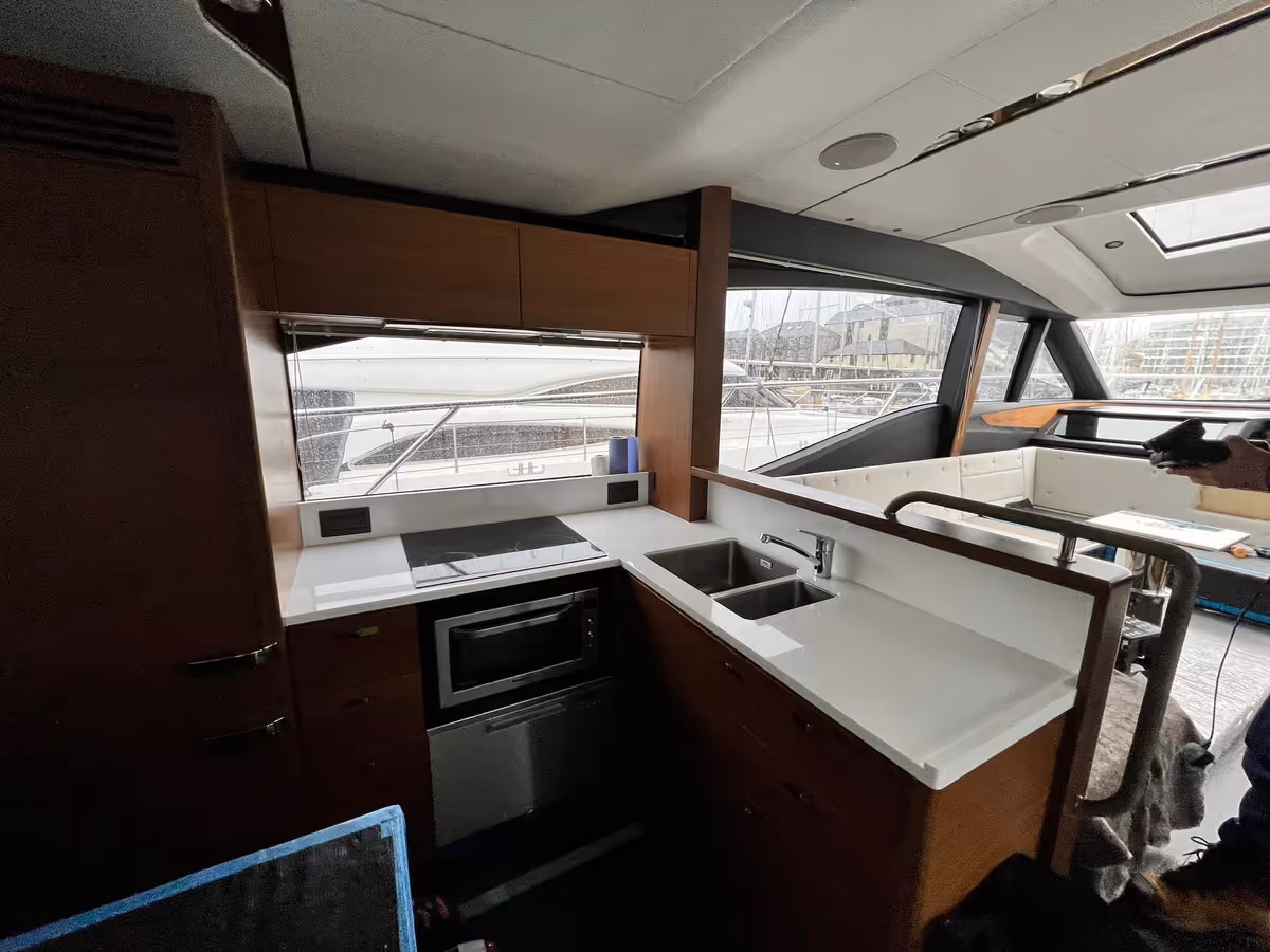 Kitchen fully fitted and finished, ready for seamless onboard living