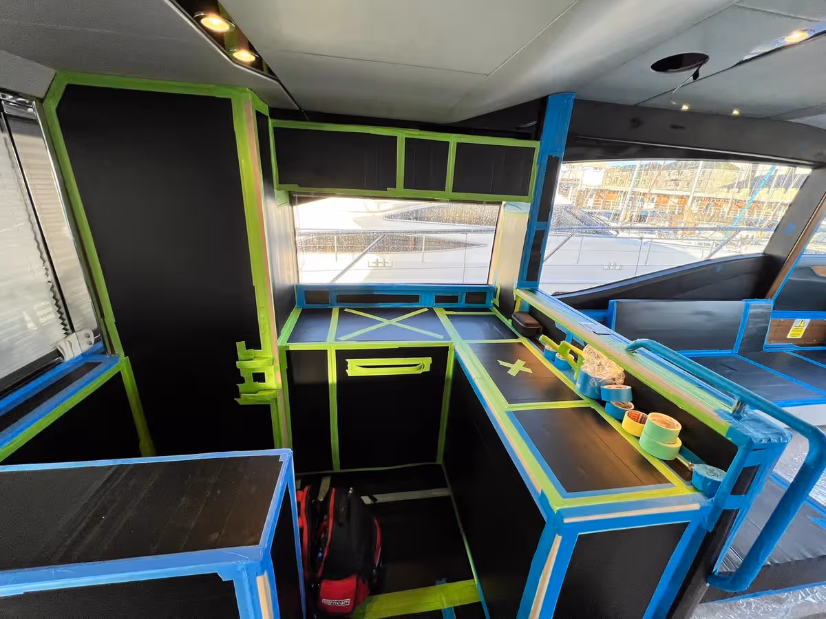Interior masked and protected, ready for transformation to begin