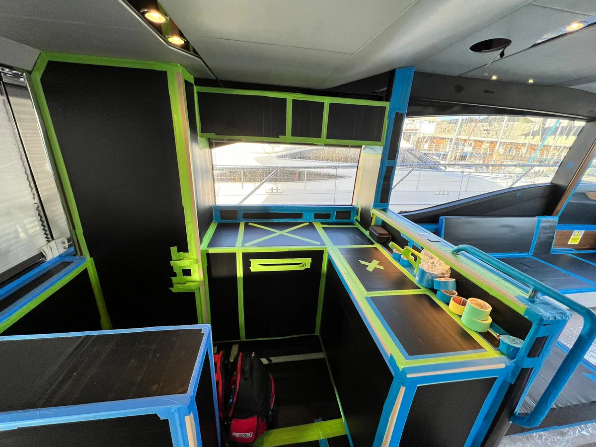 Interior masked and protected, ready for transformation to begin