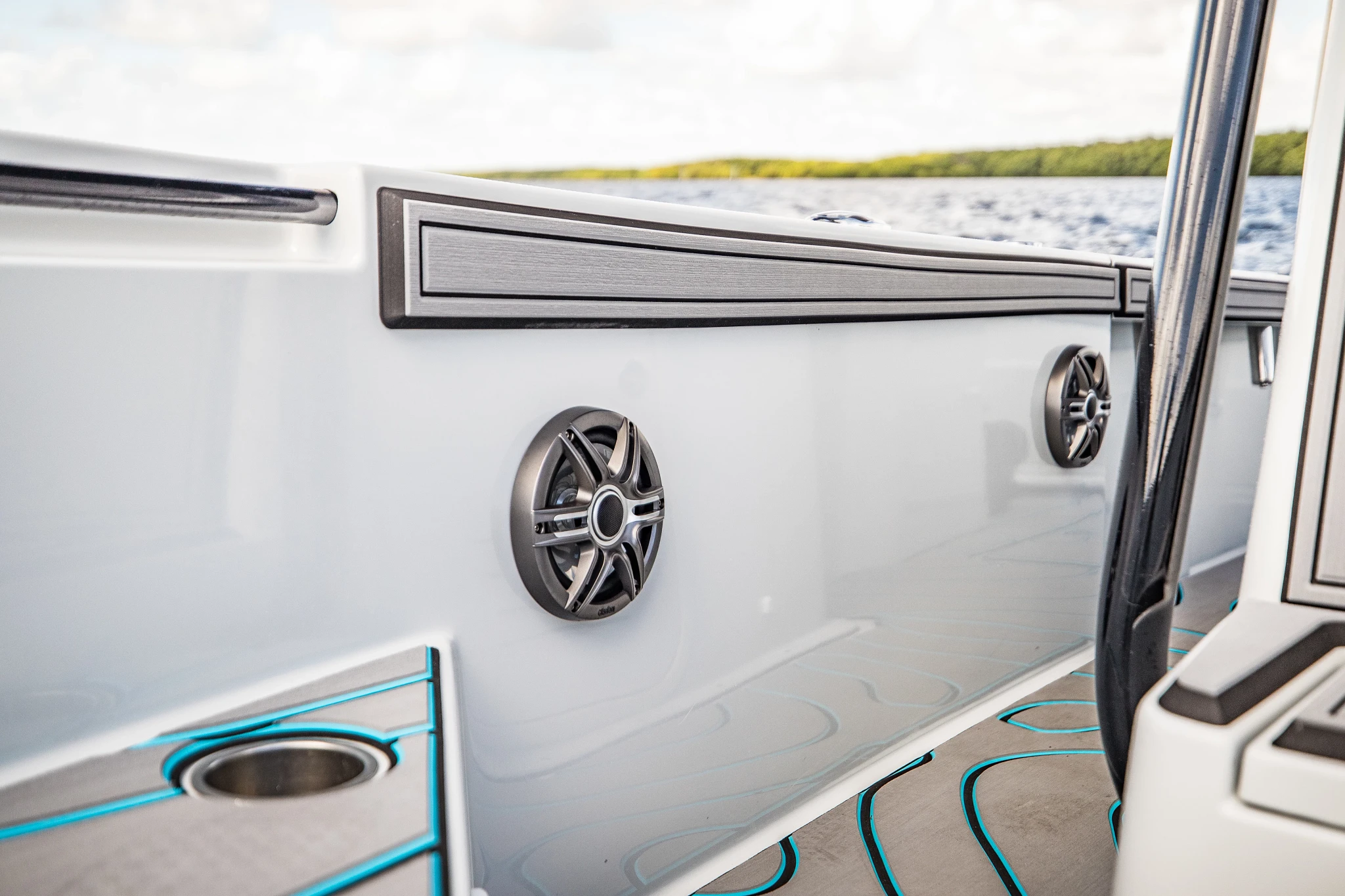 A marine audio system with speakers, a radio, and an amplifier