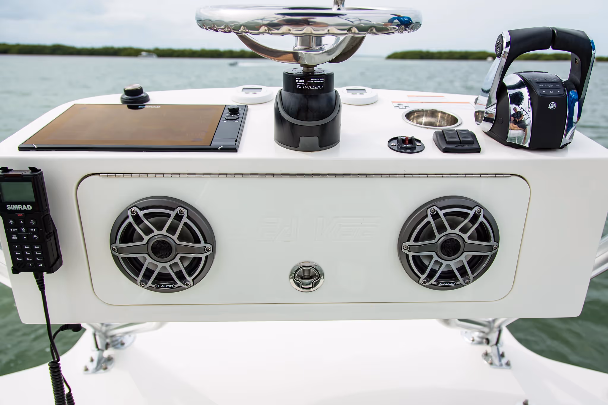 A pair of flush mounted speakers installed in a boat, providing high quality sound for the best boating experience