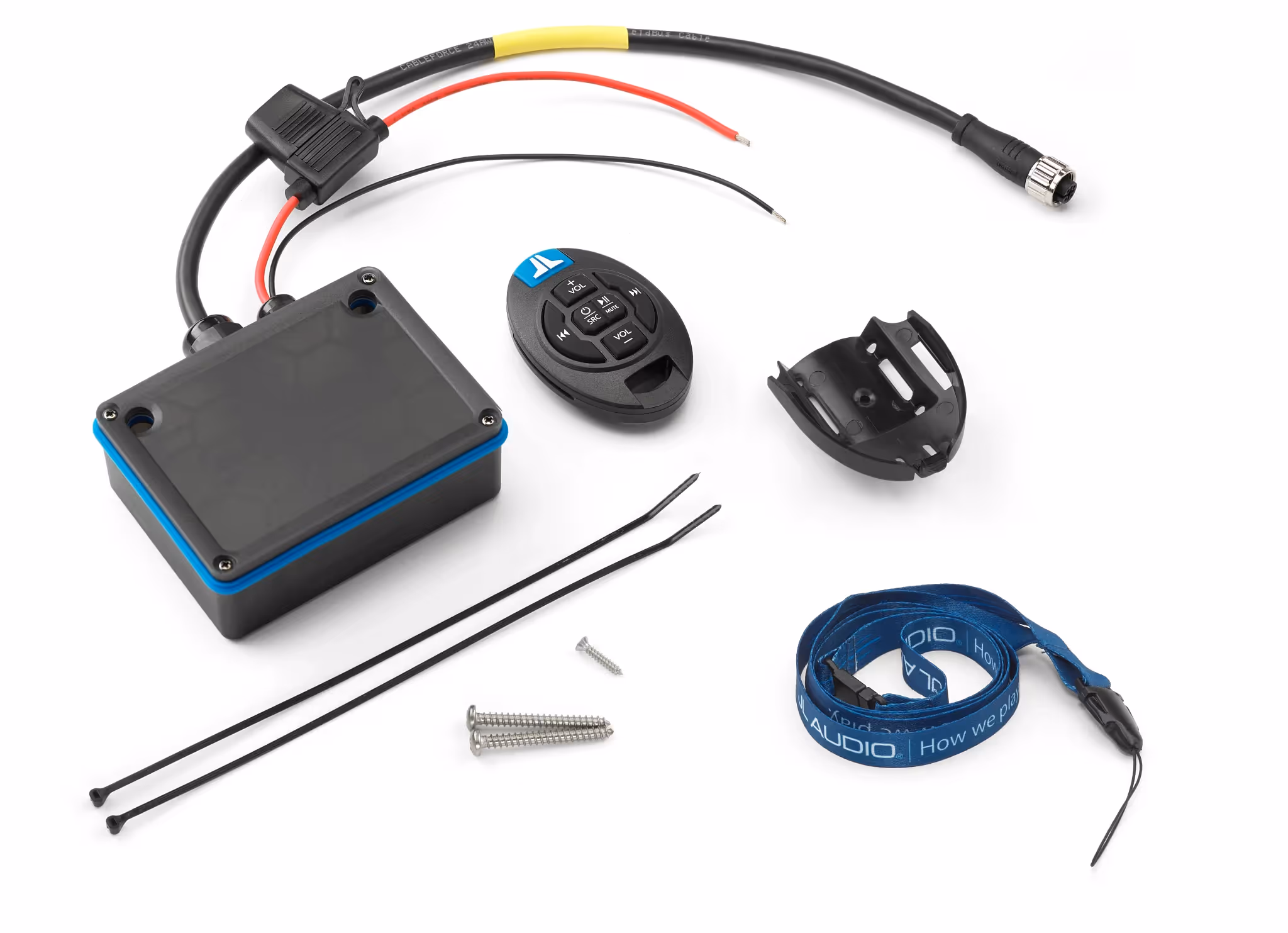 An image showing parts included in step-by-step instructions on how to install a marine stereo in your boat for troubleshooting common installation issues.