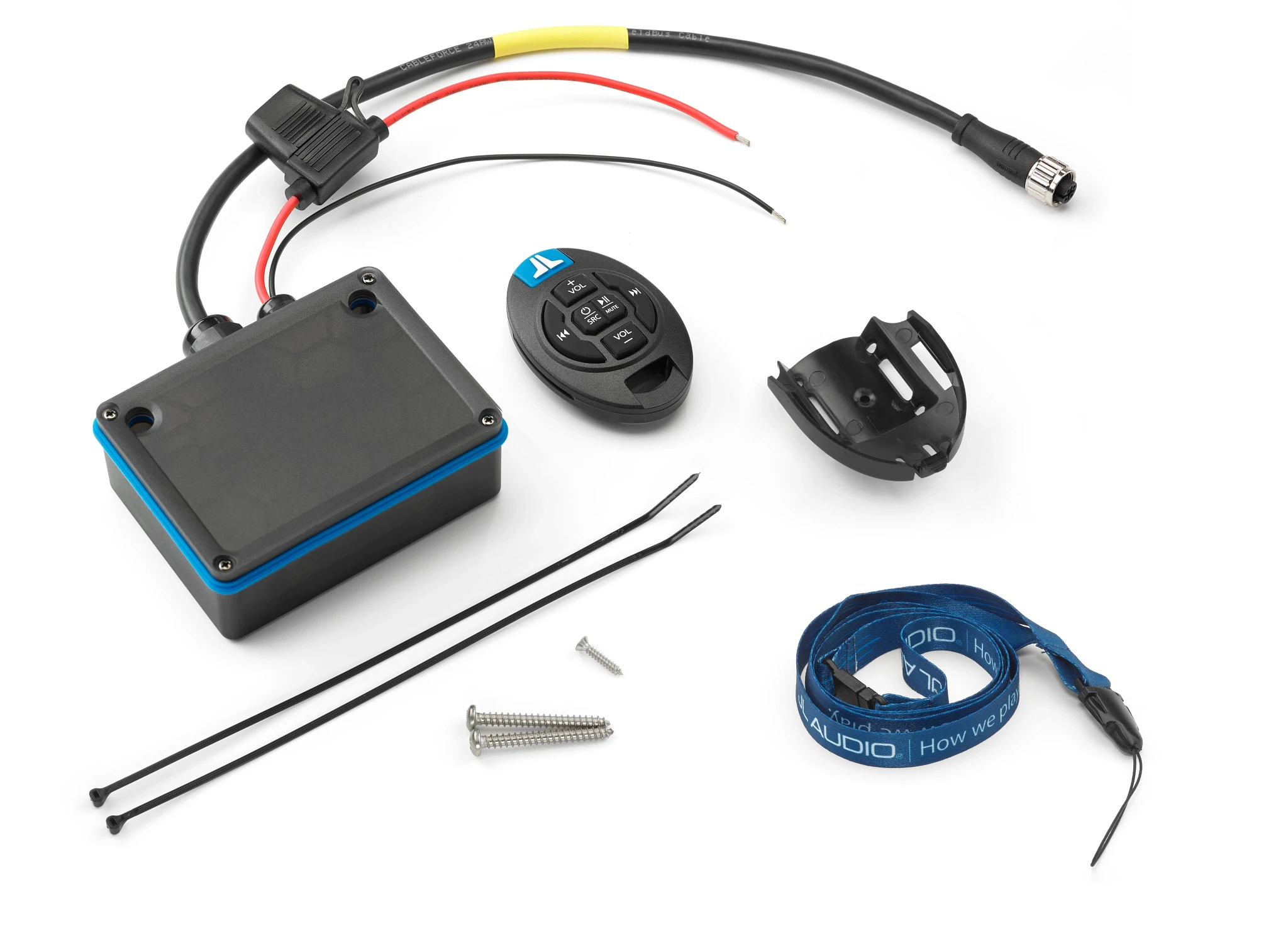 An image showing parts included in step-by-step instructions on how to install a marine stereo in your boat for troubleshooting common installation issues.