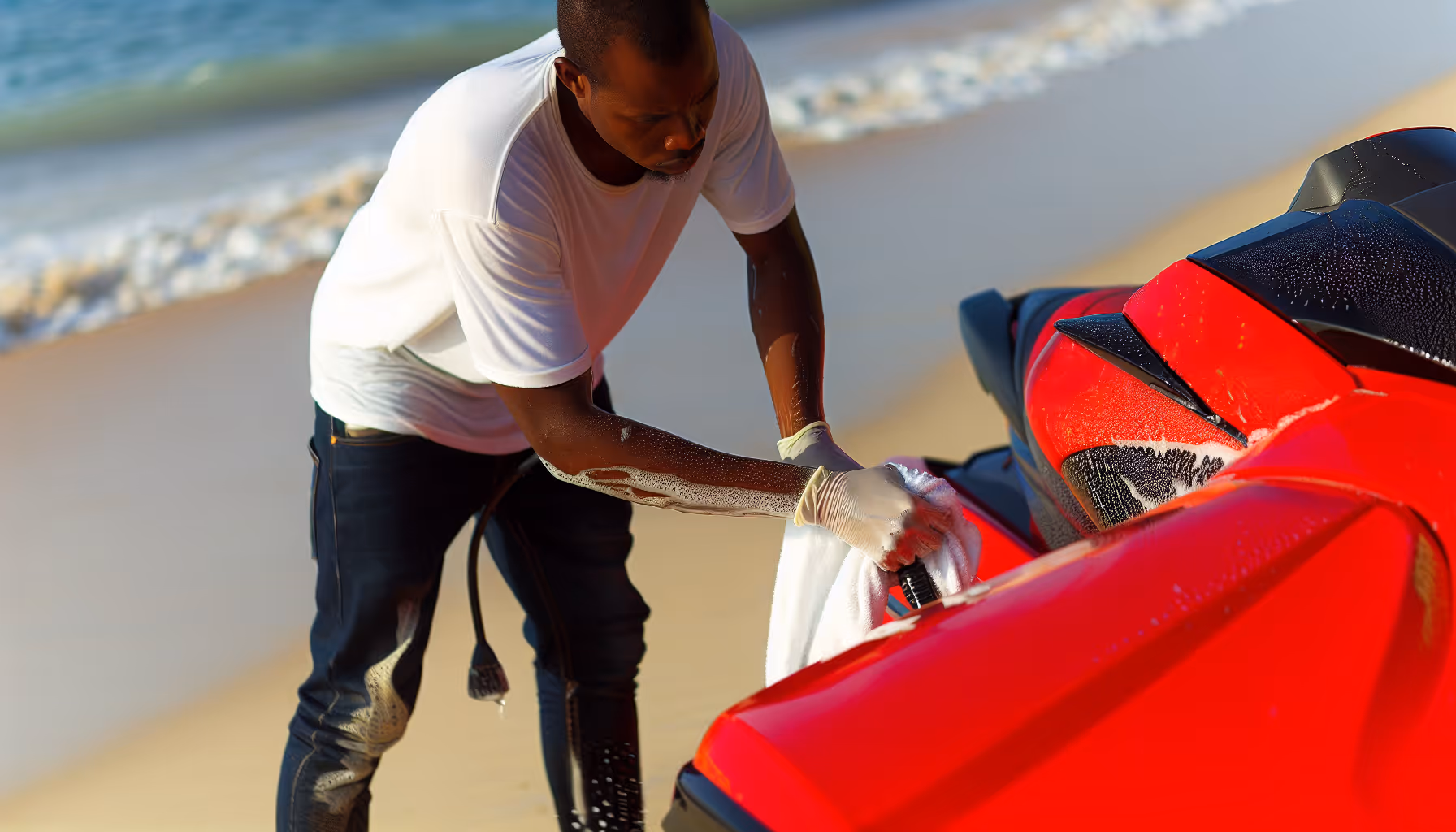 A jet ski being cleaned with a soft cloth and mild detergent