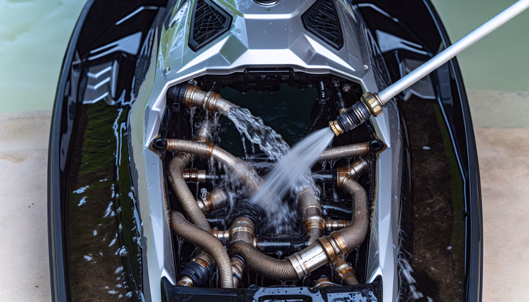 A jet ski cooling system being flushed with clean water