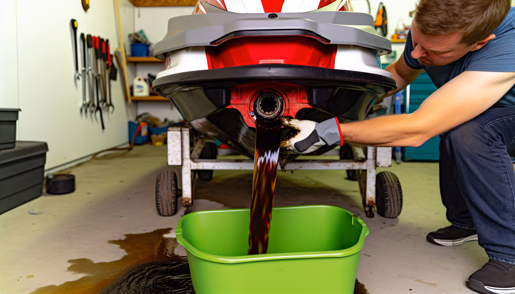 Draining old engine oil from jet ski