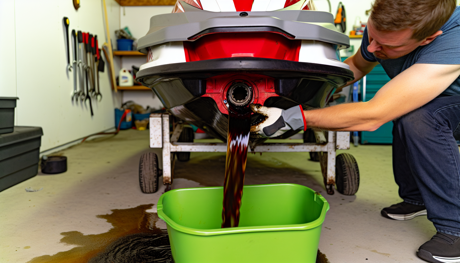 Draining old engine oil from jet ski