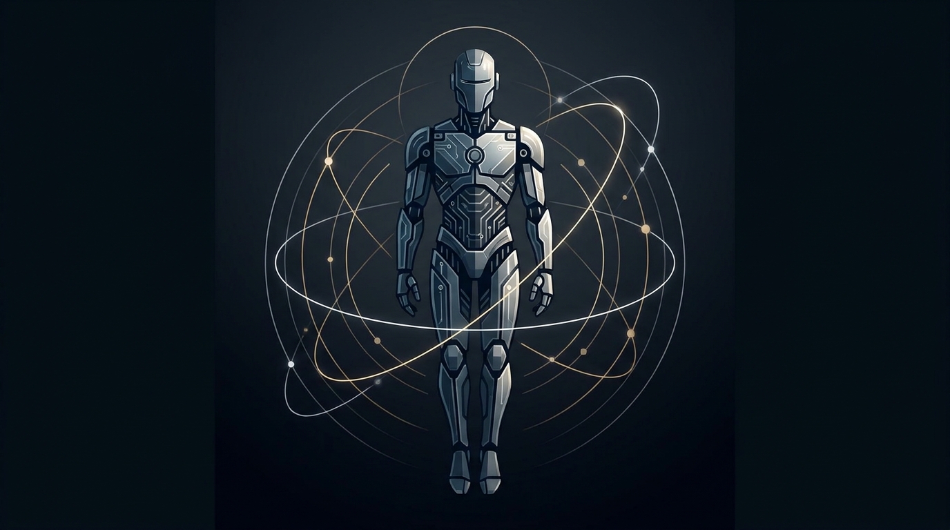 A sleek humanoid robot figure made of luminous circuitry sits at the center, surrounded by orbiting campaign performance graphs and bid optimization arcs