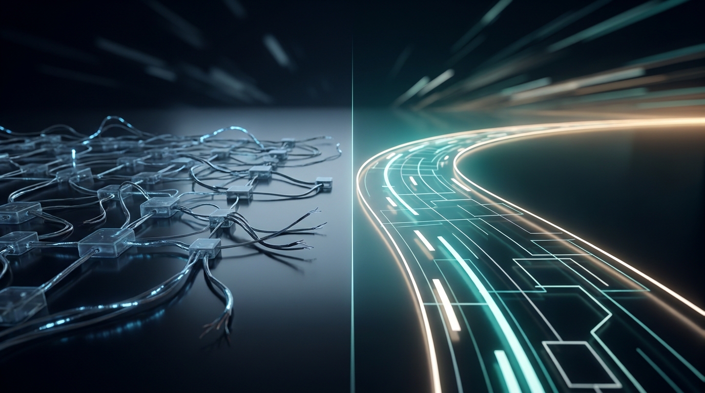 Two contrasting paths on a split surface, one dim and tangled, one clear and illuminated, symbolizing the value comparison between a semi-automated tool and full-service management.