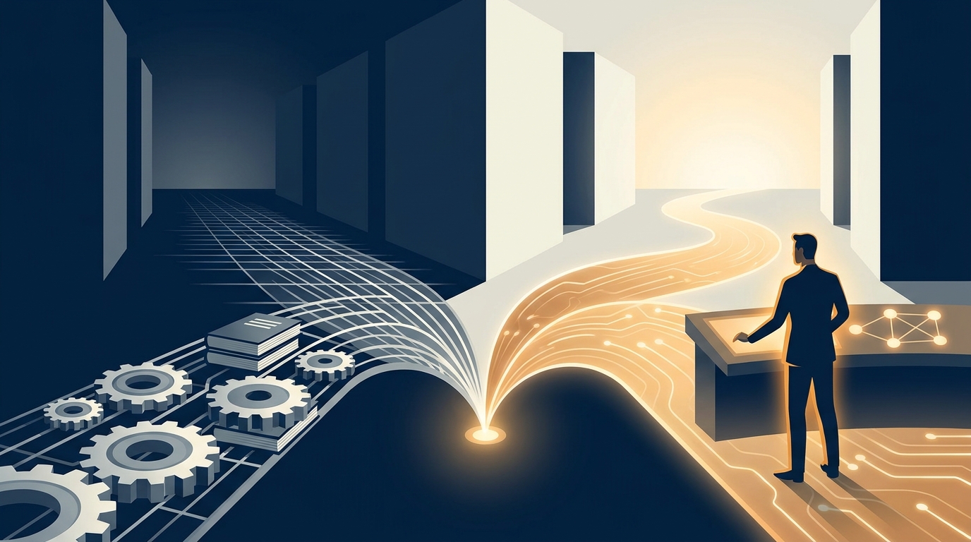Two diverging paths in a sleek architectural space, one mechanical and rule-bound, one fluid and autonomous, representing the choice between manual automation tools and full-service AI management.