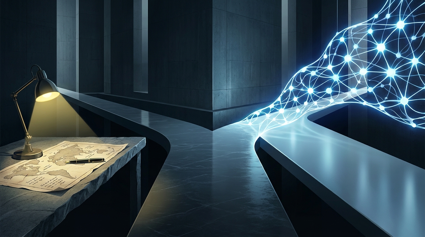 Two diverging paths in a sleek, dark environment: one lit by a single dim lamp, the other illuminated by a network of glowing autonomous nodes, symbolizing manual vs autonomous Google A