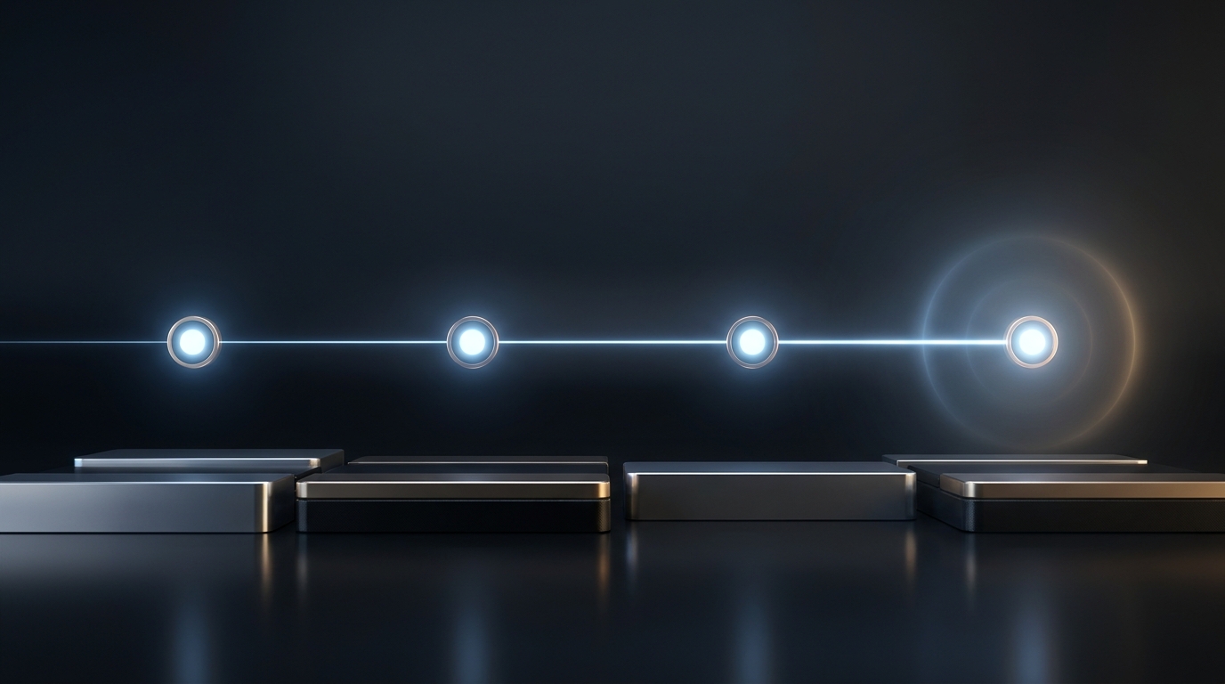 A structured timeline of glowing milestone markers stretching across a dark surface, representing a disciplined week-by-week campaign launch schedule.