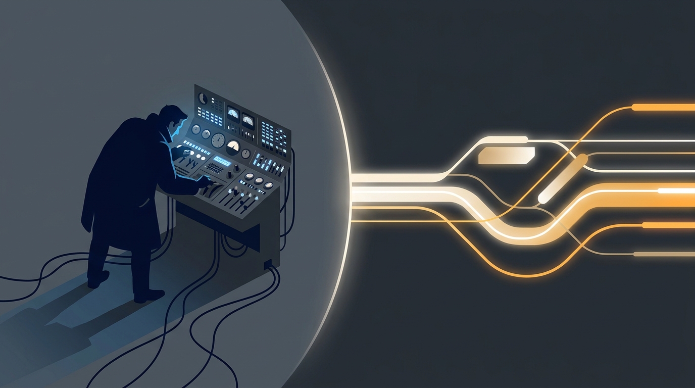 A split visual metaphor showing a lone figure at a complex control panel versus a sleek autonomous system operating independently, symbolizing managed versus self-serve.
