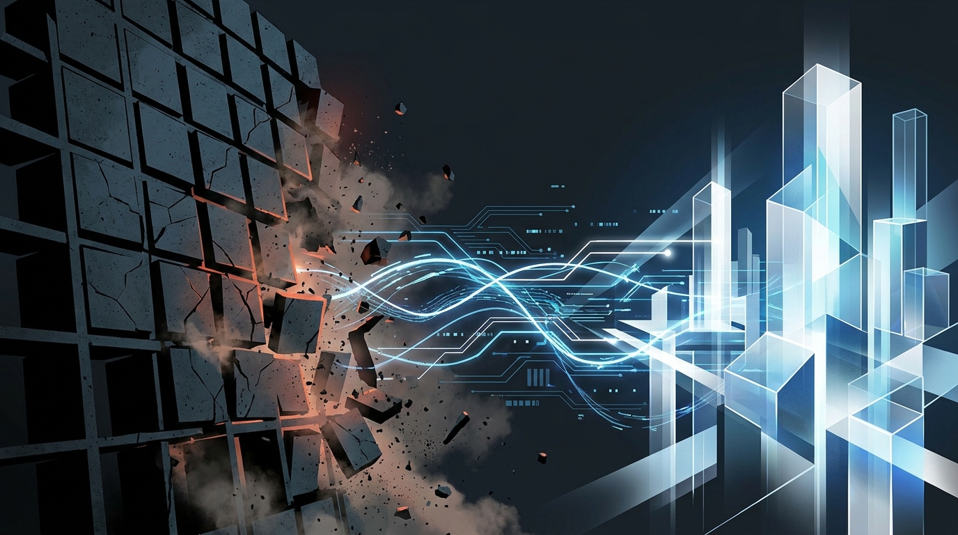 A bold editorial illustration of geometric rule-like structures transforming mid-frame, symbolizing evolving Google ads best practices in the AI-native era of 2026.