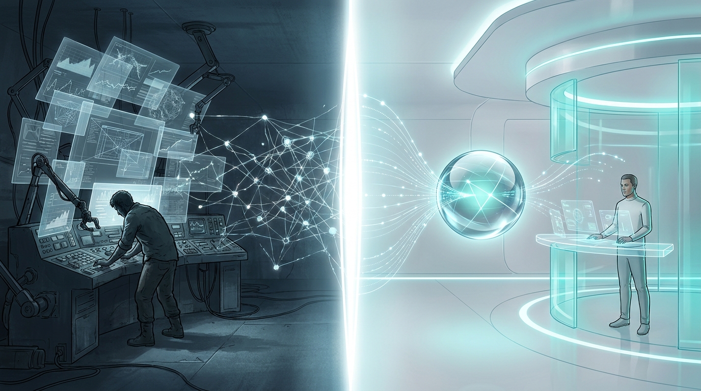 A dramatic editorial split-scene showing two contrasting sides: a cluttered desk of dashboards and manual tools versus a clean, automated command center with human oversight