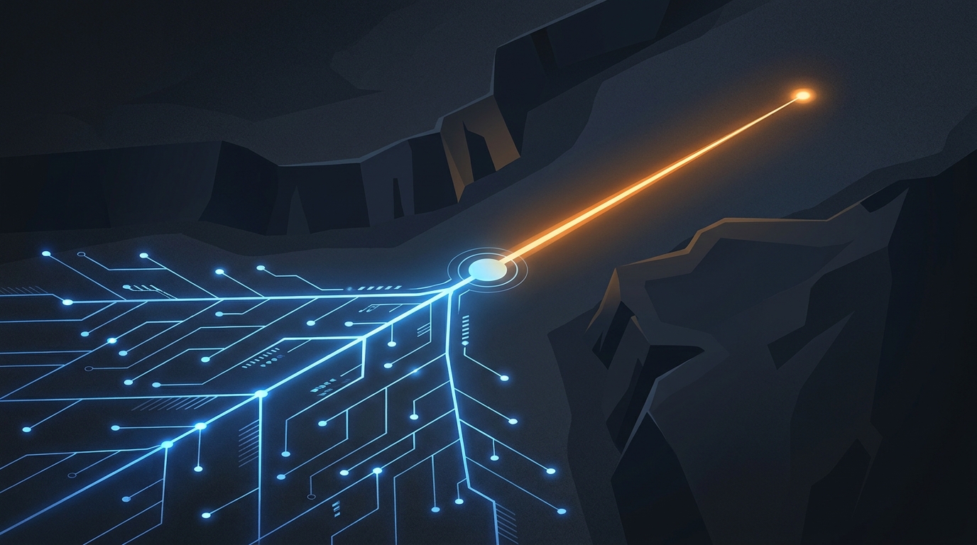 Two diverging paths of light representing Performance Max and Search campaigns, set against a dark, dramatic landscape with a clean split-horizon composition.