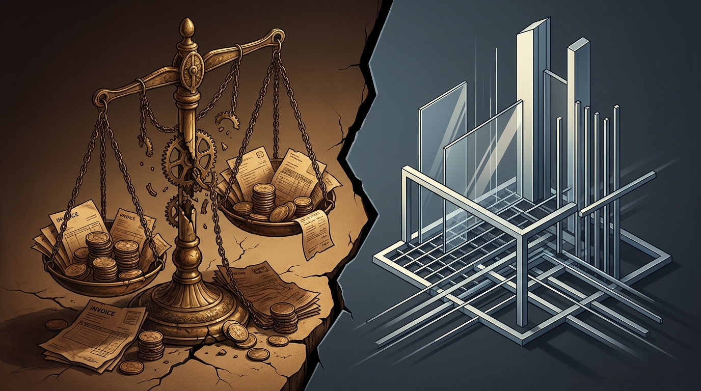 A crumbling antique scale balanced against a sleek geometric structure, symbolizing the collapse of old agency pricing models and the rise of autonomous AI-driven economics