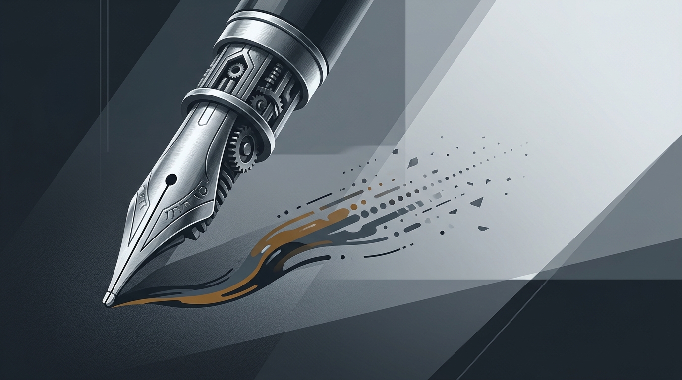 A polished editorial illustration showing a gleaming mechanical pen nib suspended mid-air, its ink trail dissolving into scattered, unconnected dots against a dark slate background.