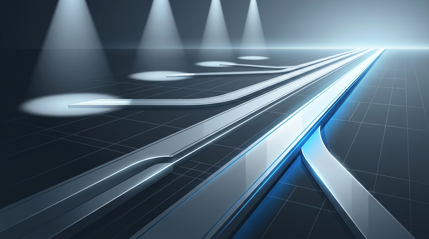 A bold editorial illustration of multiple diverging paths lit by spotlights on a dark geometric surface, symbolizing comparison and choice among alternatives.