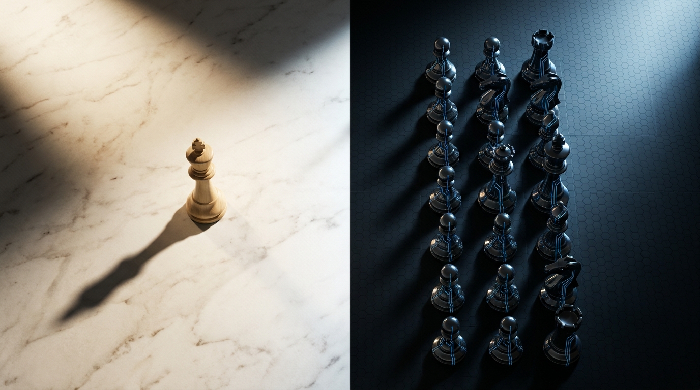 A lone chess king piece facing a coordinated array of automated circuit-lit pieces, symbolizing a traditional agency versus autonomous AI-driven Google Ads management.