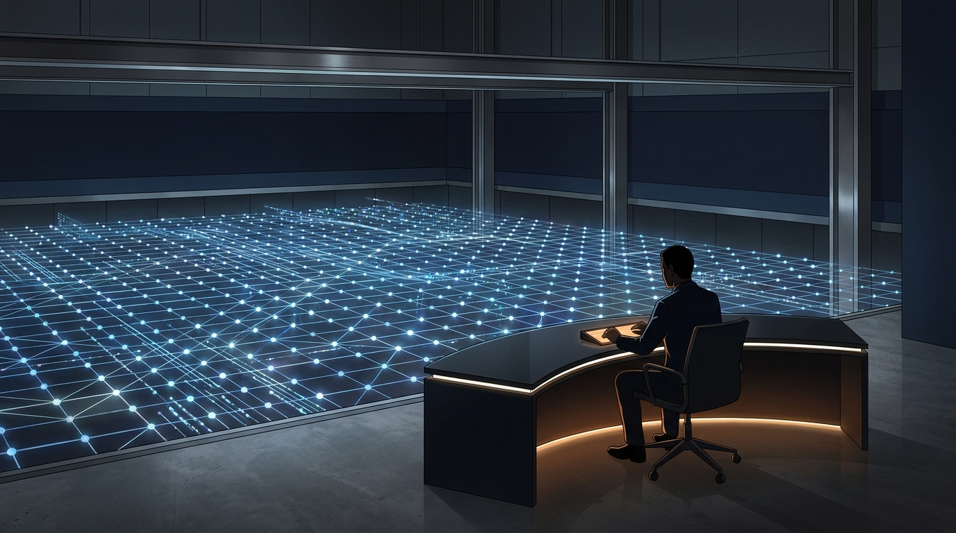 A lone human strategist at a sleek command desk overseeing a vast grid of autonomous AI agents executing tasks across illuminated campaign nodes at night