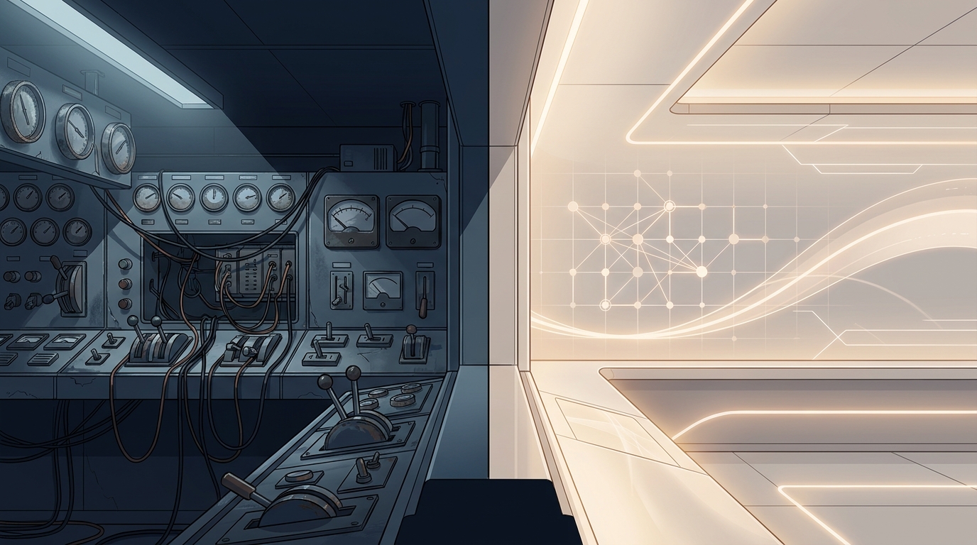 A split composition showing an outdated manual dashboard contrasted with a sleek autonomous control environment, symbolising the shift from legacy tools to modern managed services.