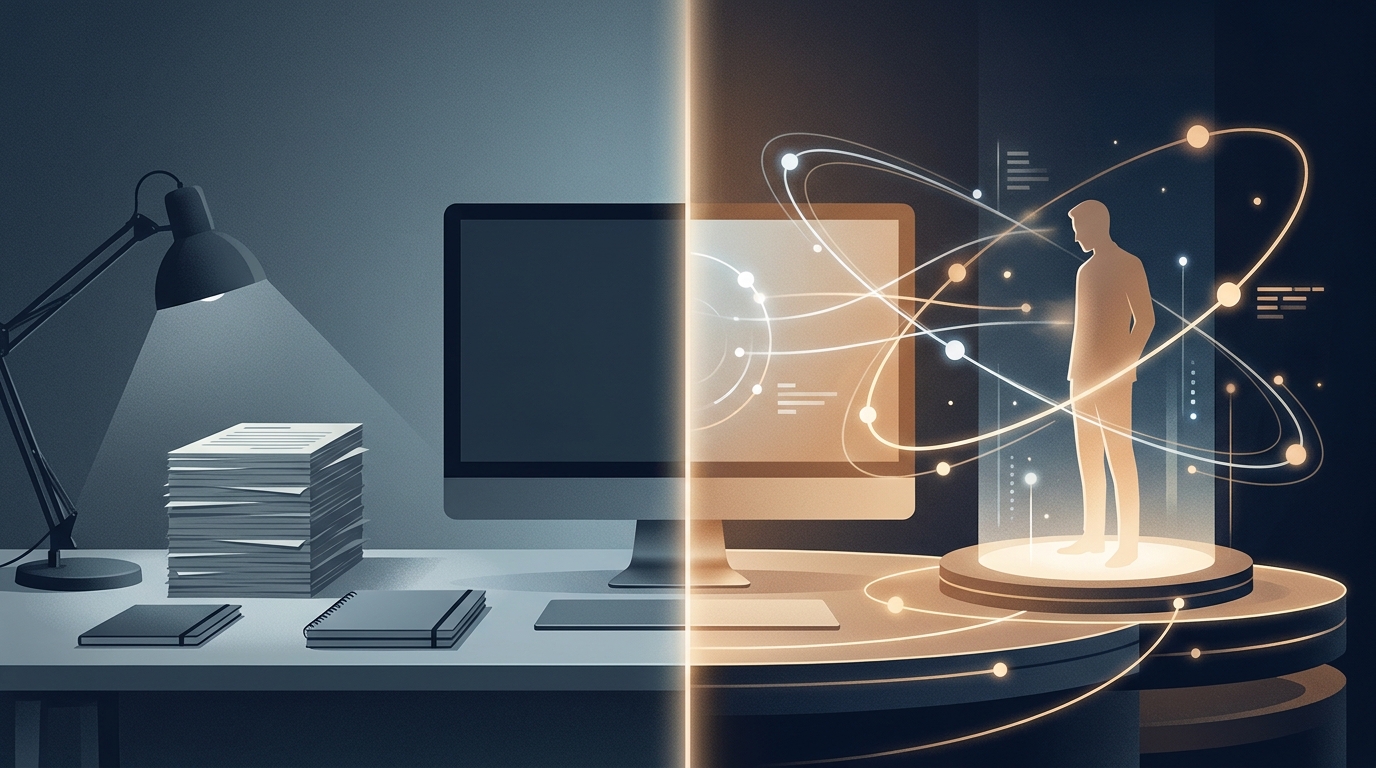 A split visual comparing a manual dashboard of recommendation cards left untouched versus autonomous AI agents actively optimizing campaigns in a streamlined control environment
