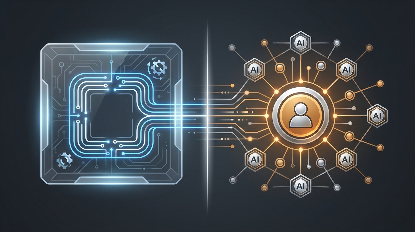Two distinct control systems side by side — one automated circuit loop, one human-and-AI strategic command center — representing the difference between AI Max and groas