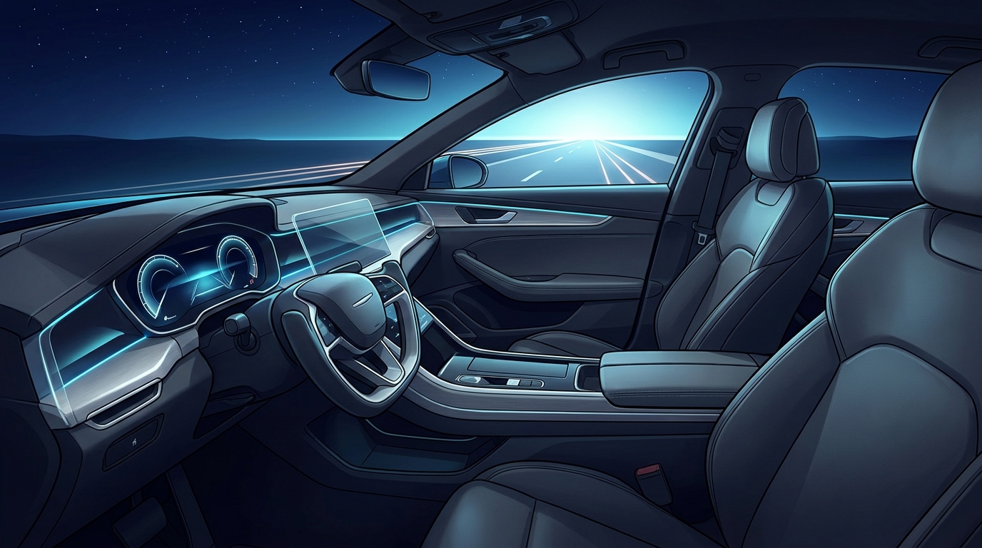 A sleek car interior at night with a luminous autonomous dashboard glowing, symbolizing the difference between AI features and full AI-driven execution in Google Ads.